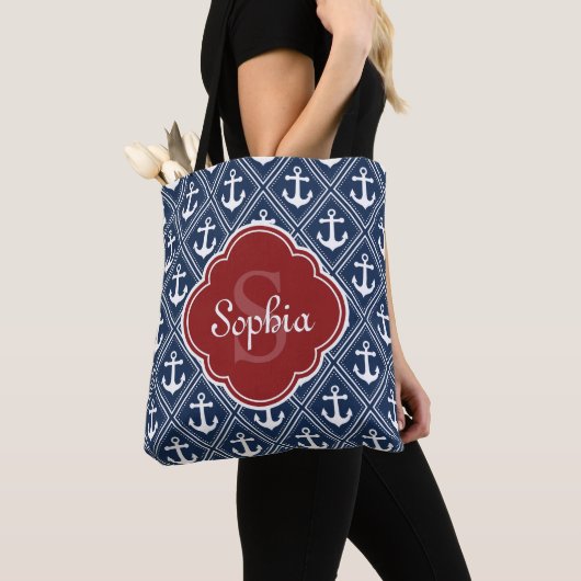 Blue Anchor Pattern Red Monogram Tote Bag (Dichtbij)