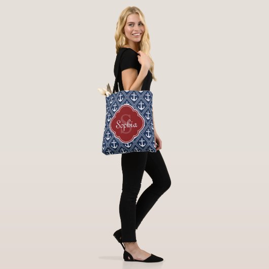 Blue Anchor Pattern Red Monogram Tote Bag (Op model)