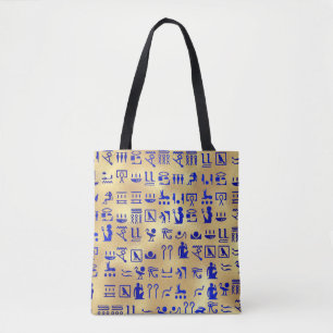 Blue Ancient Egyptian Hieroglyphics Art over goud Tote Bag