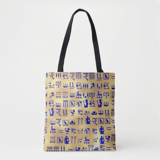 Blue Ancient Egyptian Hieroglyphics Art over goud Tote Bag (Voorkant)