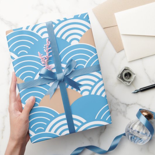 Blue and Beige Japanese Wave Pattern  Cadeaupapier (Geschenken)