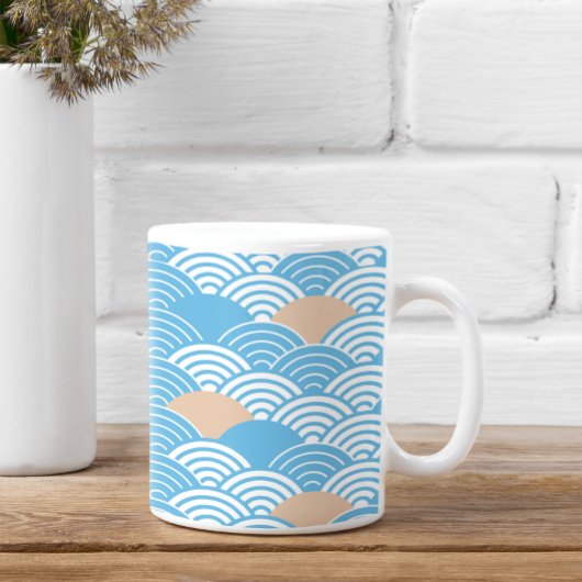 Blue and Beige Japanese Wave Pattern Koffiemok