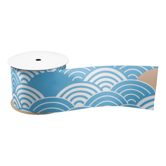 Blue and Beige Japanese Wave Pattern  Satijnen Lint (Spoel)