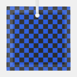 Blue and black checkerboard pattern glas ornament