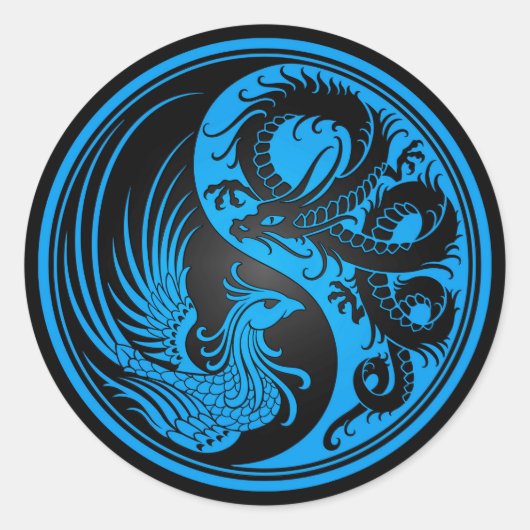 Blue and Black Dragon Phoenix Yin Yang Ronde Sticker (Voorkant)