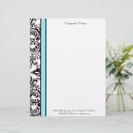 Blue and Black Elegant Damask Letterhead Custom Briefhoofd (Staand voorkant)