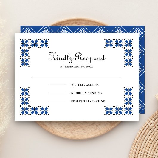 Blue and Black Ukrainian Embroidery Wedding RSVP Kaartje