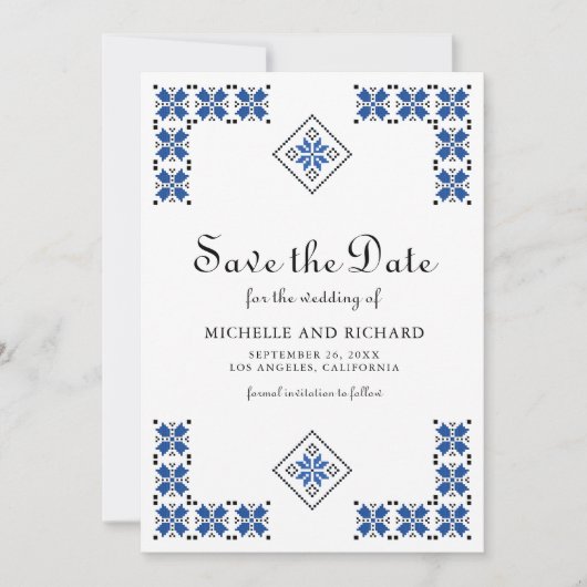 Blue and Black Ukrainian Embroidery Wedding Save The Date (Voorkant)