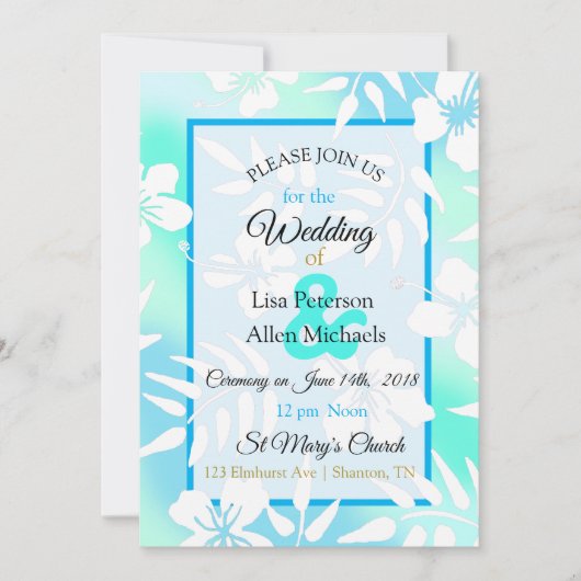 Blue and Blauwgroen Hibiscus Wedding Invitation Kaart (Voorkant)