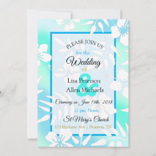 Blue and Blauwgroen Hibiscus Wedding Invitation Kaart