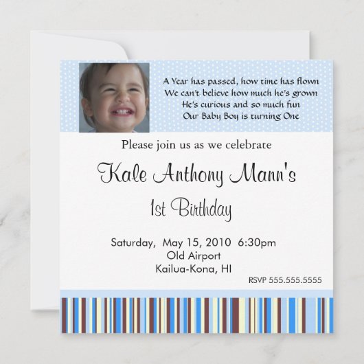 Blue and Brown Baby Boy 1st Birthday Invitation Kaart (Achterkant)