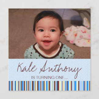 Blue and Brown Baby Boy 1st Birthday Invitation Kaart