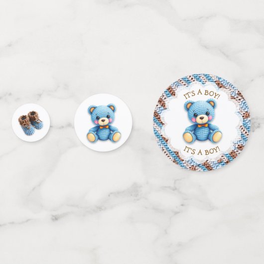 Blue and Brown Crocheted Teddy Bear It's a Boy Confetti (Voorkanten)