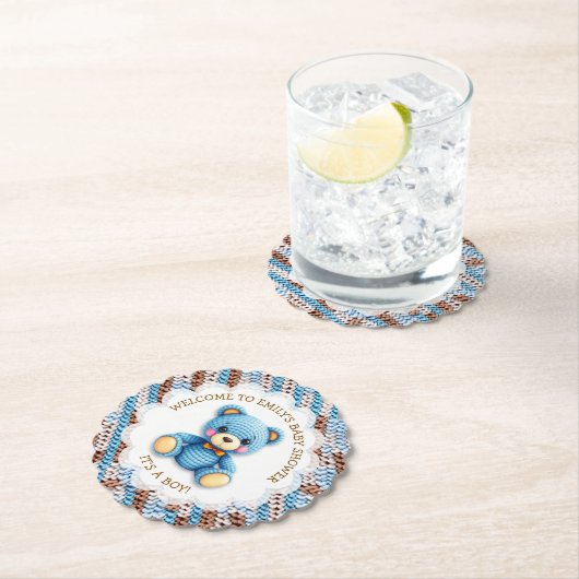 Blue and Brown Crocheted Teddy Bear It's a Boy Kartonnen Onderzetters (Insitu)