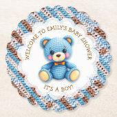 Blue and Brown Crocheted Teddy Bear It's a Boy Kartonnen Onderzetters (Voorkant)