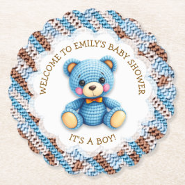 Blue and Brown Crocheted Teddy Bear It's a Boy Kartonnen Onderzetters