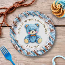 Blue and Brown Crocheted Teddy Bear It's a Boy Papieren Bordje