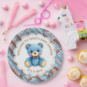 Blue and Brown Crocheted Teddy Bear It's a Boy Papieren Bordje (Feest)