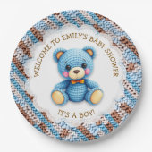 Blue and Brown Crocheted Teddy Bear It's a Boy Papieren Bordje (Voorkant)