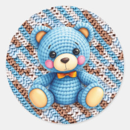 Blue and Brown Crocheted Teddy Bear  Ronde Sticker