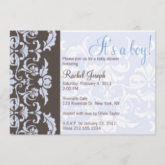 Blue and Brown Damask Baby shower Invitation Kaart