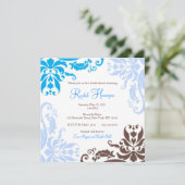 Blue and Brown Damask Vrijgezellenfeest Invite Kaart (Staand voorkant)