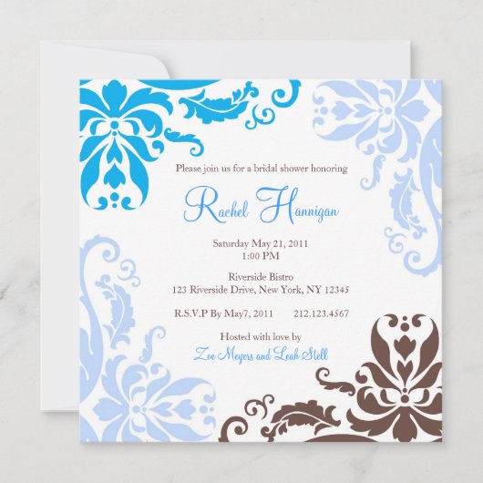 Blue and Brown Damask Vrijgezellenfeest Invite Kaart (Voorkant)