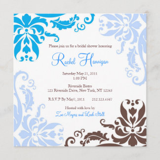 Blue and Brown Damask Vrijgezellenfeest Invite Kaart