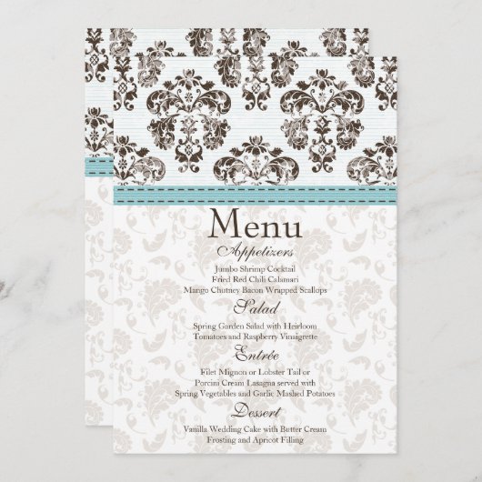 Blue and Brown Damask Wedding Menu Card (Voorkant / Achterkant)