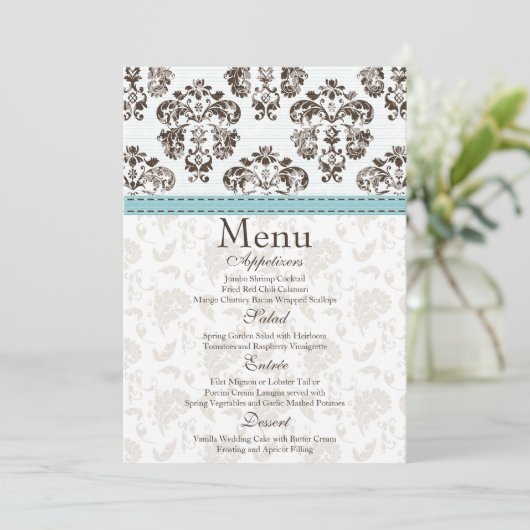 Blue and Brown Damask Wedding Menu Card (Staand voorkant)