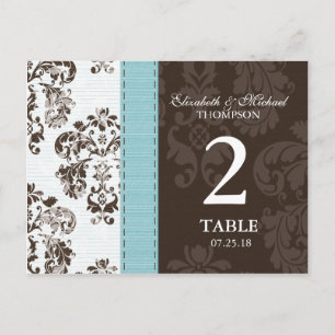 Blue and Brown Damask Wedding Table Number Briefkaart