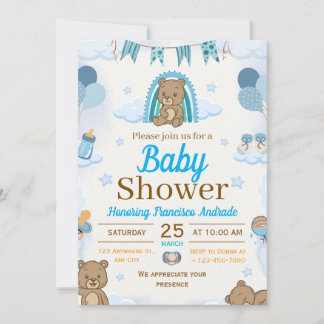 blue and brown watercolor illustration baby shower kaart