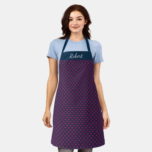 Blue and Burgundy Custom Name Apron Schort (Gedragen)