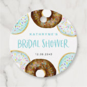 Blue and Chocolate Sprinkle Donuts Vrijgezellenfee Bedankjes Labels (Voorkant)