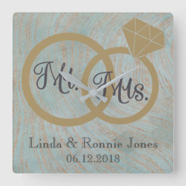 Blue and Copper Mr en Mrs Wedding Vierkante Klok