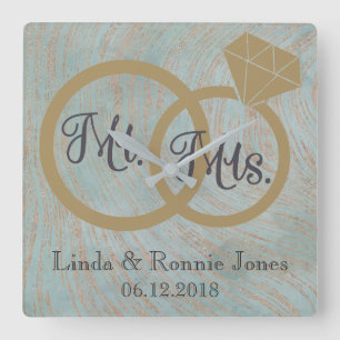 Blue and Copper Mr en Mrs Wedding Vierkante Klok