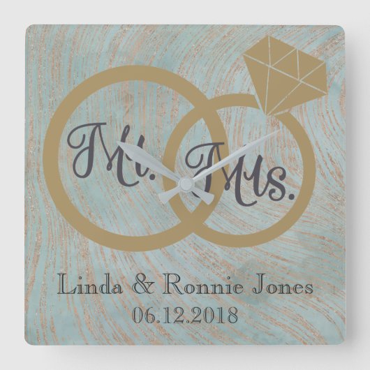 Blue and Copper Mr en Mrs Wedding Vierkante Klok (Voorkant)