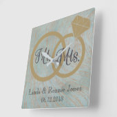Blue and Copper Mr en Mrs Wedding Vierkante Klok (Hoek)