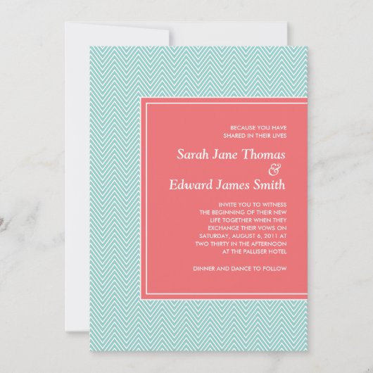 Blue and Coral Chevron Wedding Invitation Kaart (Voorkant)