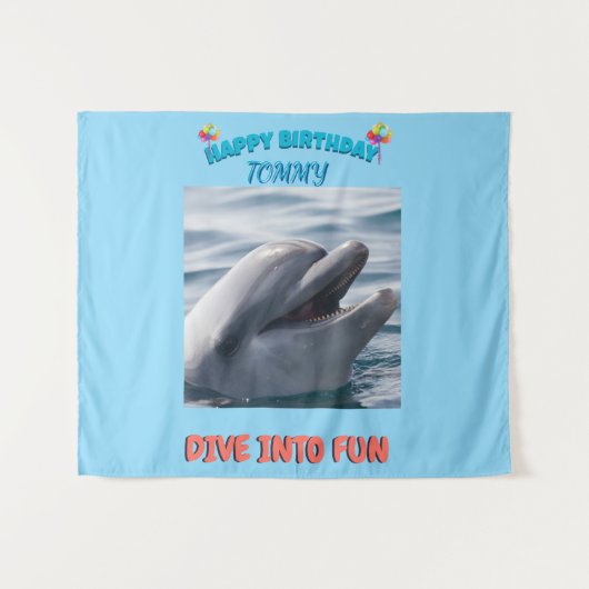 Blue and Coral Dolphin Birthday Splash Wandkleed (Voorkant (horizontaal))