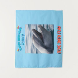 Blue and Coral Dolphin Birthday Splash Wandkleed
