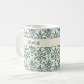 Blue and Cream Damask Custom Name Koffiemok (Voorkant links)