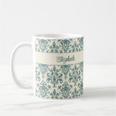 Blue and Cream Damask Custom Name Koffiemok (Links)