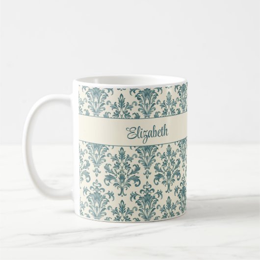 Blue and Cream  Damask Custom Name Koffiemok (Links)