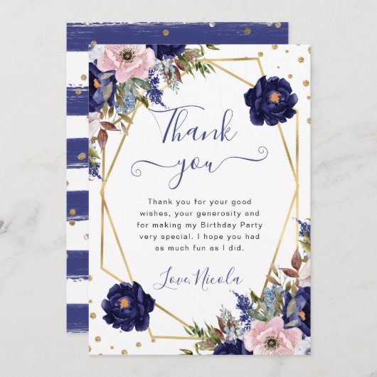 Blue and Cream Flowers Lijst Verjaardag Bedankkaart (Voorkant / Achterkant)