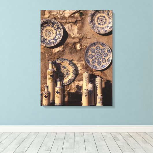 Blue and Cream Pottery Umbria Poster Plaque Canvas Afdruk (Insitu (Houten vloer))