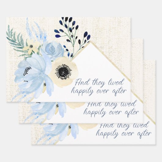 Blue and Cream Waterverf Flowers Lijst Inpakpapier Vel (Set)