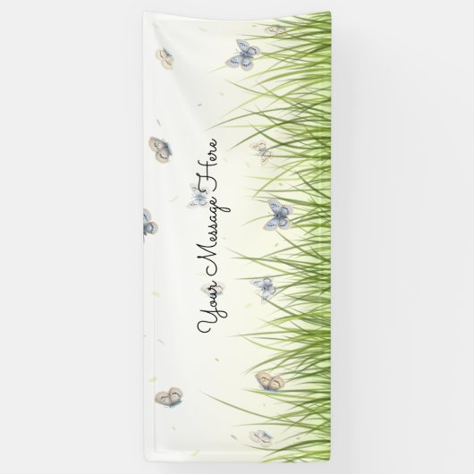 Blue and Crème Butterflies Charming Garden Scene B Spandoek (Verticaal)
