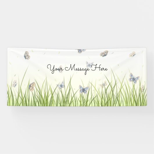 Blue and Crème Butterflies Charming Garden Scene B Spandoek (Horizontaal)