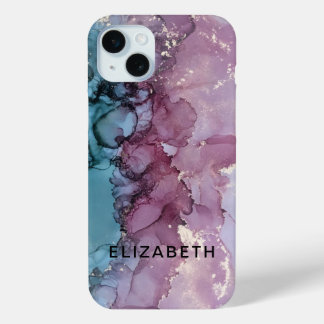 blue and dusty pink gold marble personalized iPhone 15 mini hoesje